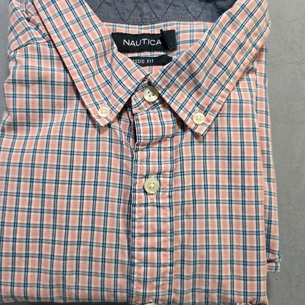Nautica Mens Classic Fit Plaid Button Down Shirt Peach/Salmon & Blue Cotton XL
